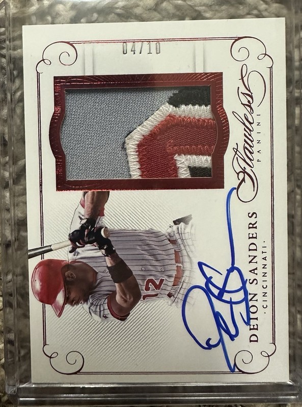2016 Flawless Baseball Deion Sanders Game Used Patch Auto #4/10 Reds view 2