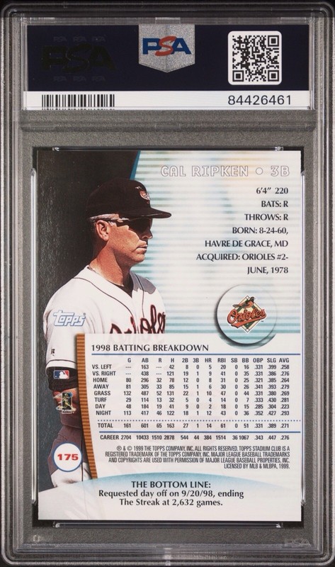 1999 STADIUM CLUB #175 CAL RIPKEN JR. ORIOLES HOF PSA 10 view 2