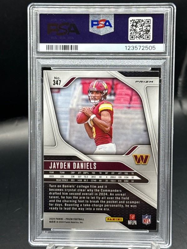2024 Panini Prizm Jayden Daniels #347 Rookie Orange Disco Prizm PSA 9 view 2
