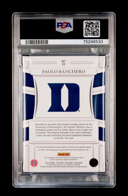 2022 National Treasures College NBA RPA Rookie Patch Auto Paolo Banchero RC PSA view 2