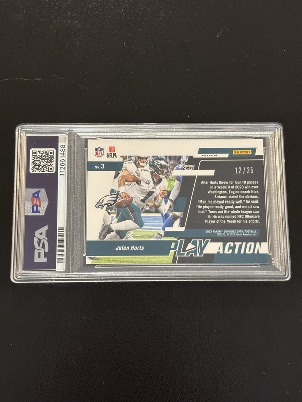 2023 Optic - Play Action - Jalen Hurts #3 Black Pandora Prizm /25 PSA 10 POP 4!! view 2