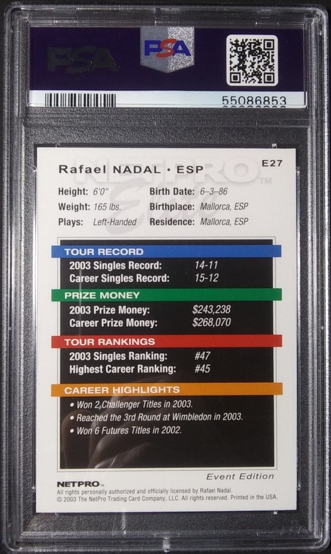 2003 NetPro Elite Event Edition White Shirt Rookie #E27 Rafael Nadal RC SP PSA 8 view 2