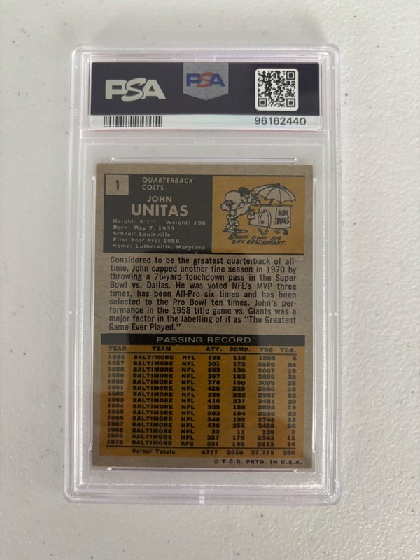 1971 TOPPS FOOTBALL #1 JOHN UNITAS PSA 5 EX view 2