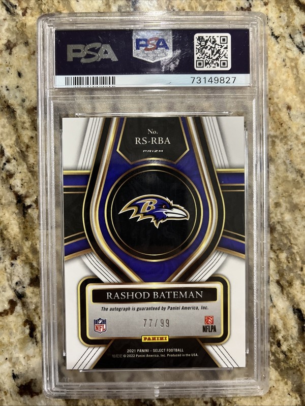 2021 Panini Select - Rookie Signatures Rashod Bateman #RS-RBA 77/99 - PSA Mint 9 view 2