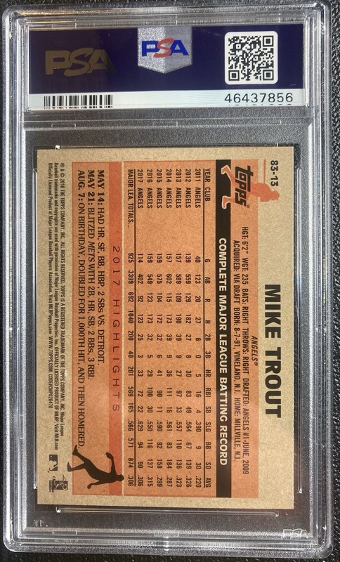 2018 TOPPS  #13 MIKE TROUT 1983 TOPPS BASEBALL PSA 9 MINT view 2