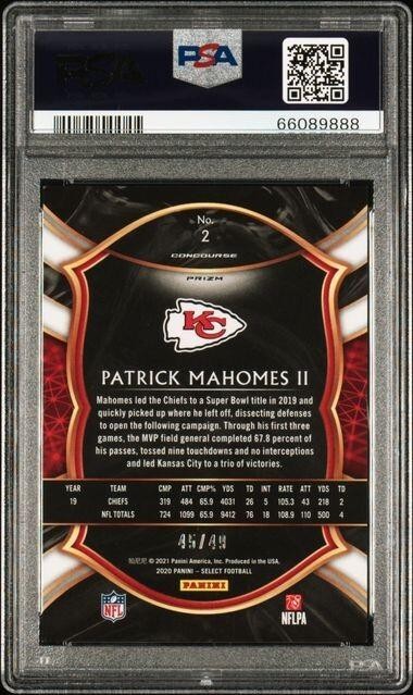2020 Panini Select Patrick Mahomes II Orange Prizm #2 PSA 9 Mint 45/49 view 2