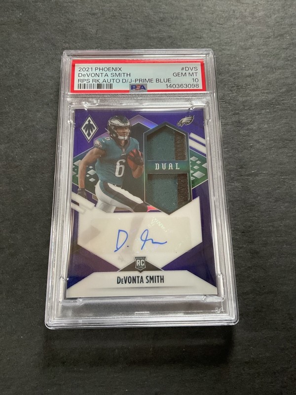 2021 PHOENIX DEVONTA SMITH RPS ROOKIE AUTO/DUAL PATCH PRIME BLUE /25 PSA 10 GEM