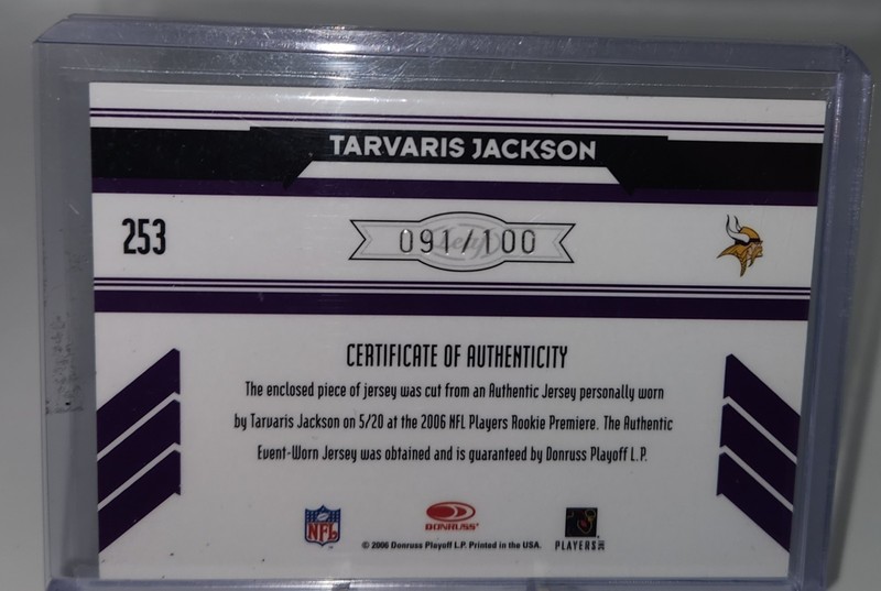 2006 Donruss Tarvaris Jackson /100 Game Used Jersey Card 253 view 2