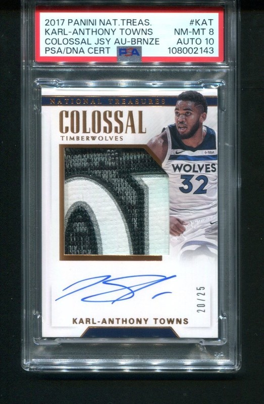 2017-18 National Treasures Karl-Anthony Towns Colossal Patch /25 Auto PSA 8  10
