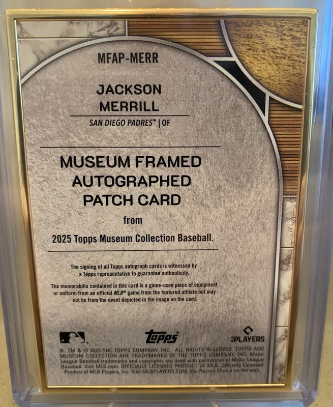 2025 Museum Jackson Merrill Game-Used Relic Museum Framed Auto Patch Card 10/10 view 2