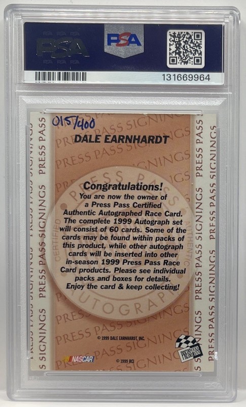 1999 Press Pass NASCAR Signings Dale Earnhardt Sr. Auto #015/400 PSA AUTHENTIC view 2