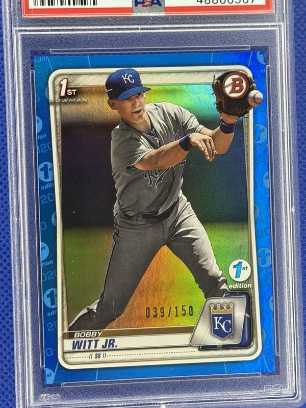 2020 Bowman 1st Edition Blue Foil 39/150 Bobby Witt Jr. #BFE25 Royals PSA 9 MINT view 2