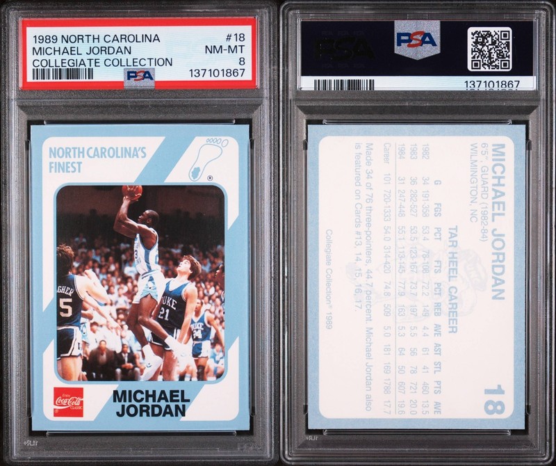 1989 NORTH CAROLINA COLLEGIATE CARD #18 MICHAEL JORDAN PSA 8