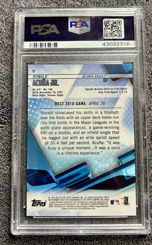 2018 Bowman's Best #51 Ronald Acuna Jr. Atomic Refractor Rookie PSA 10 Braves Rc view 2