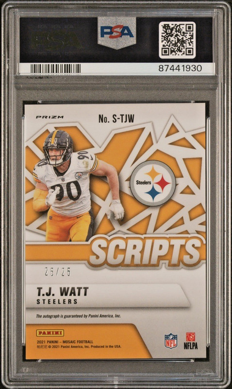 2021 Panini Mosaic T.J. Watt Gold Scripts Auto/Autograph #/25 PSA 10 Pop 2 view 2