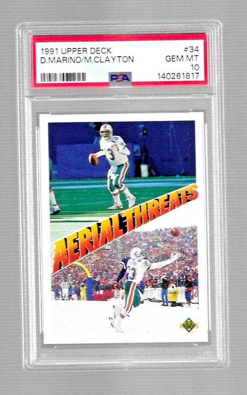 1991 UPPER DECK FOOTBALL CARD #34 HOF DAN MARINO & MARK CLAYTON PSA 10 DOLPHINS