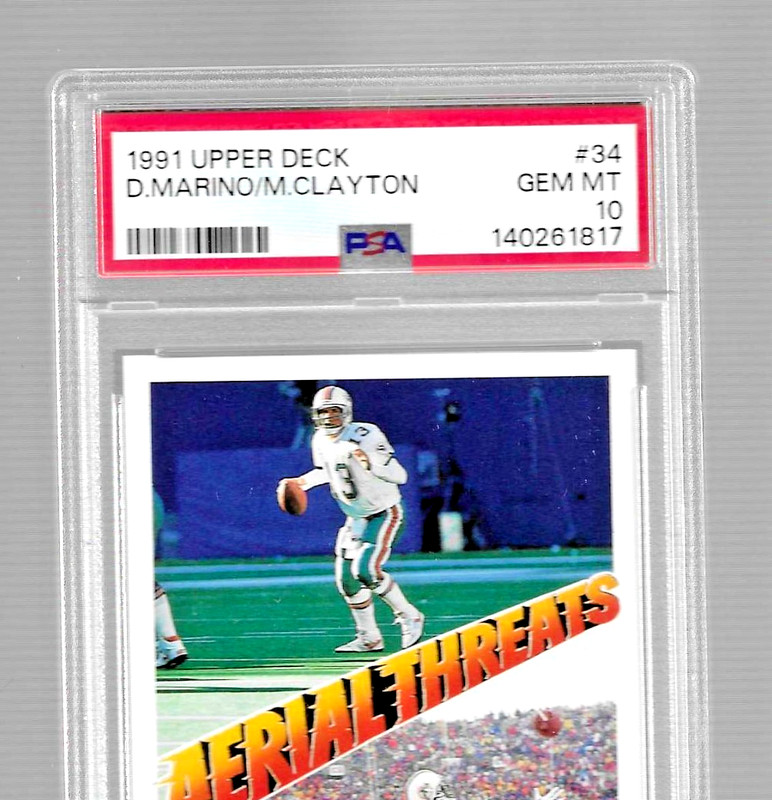 1991 UPPER DECK FOOTBALL CARD #34 HOF DAN MARINO & MARK CLAYTON PSA 10 DOLPHINS view 2