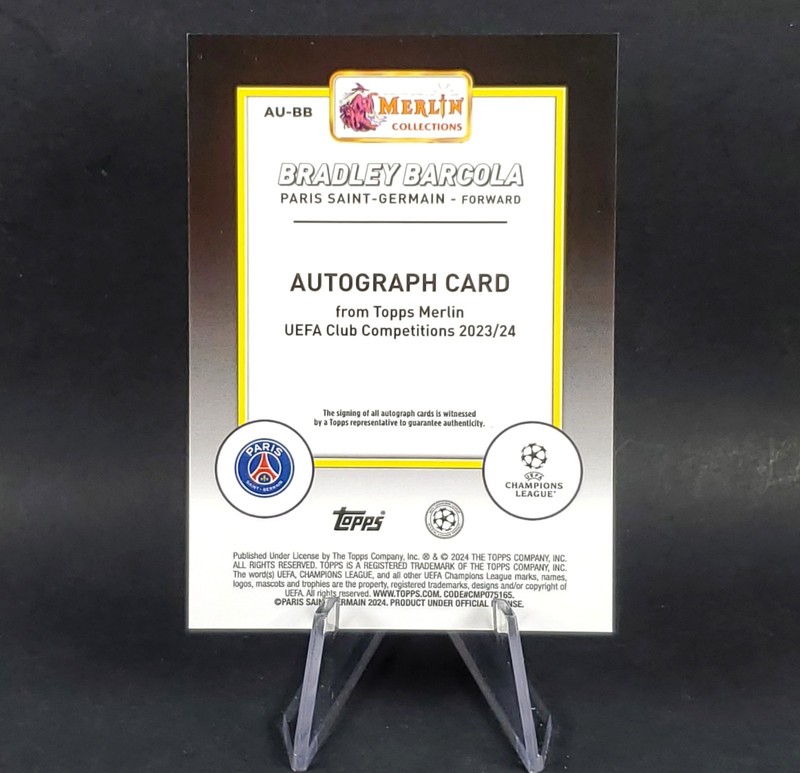 Bradley Barcola Auto 2023-24 Topps Merlin UEFA Rookie Refractor Autograph PSG RC view 2