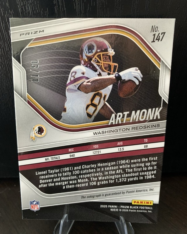 2025 Prizm Black FOTL Gold Shimmer Auto 3/10 Art Monk #5 Redskins view 2