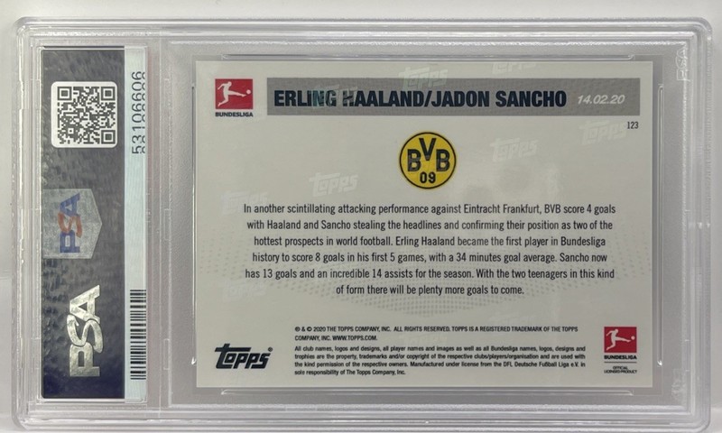 2019 Topps Now Bundesliga #123 Erling Haaland & Jadon Sancho Rookie PSA 10 GEM view 2