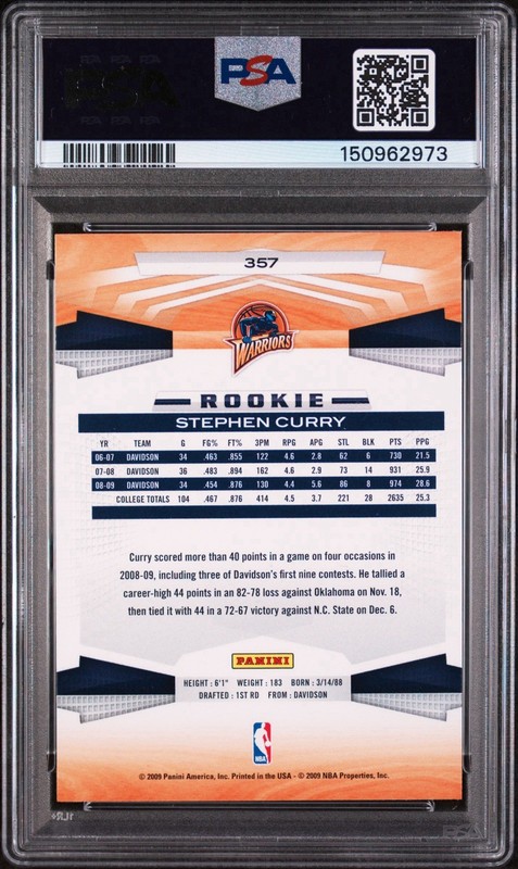 2009 Panini #357 STEPHEN CURRY ROOKIE  RC – PSA 9 – Just graded view 2