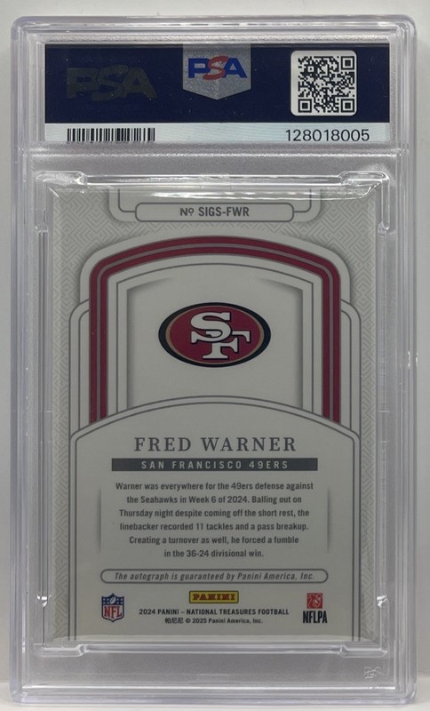 FRED WARNER 2024 National Treasures Signatures Silver Auto #25/49 PSA 8 49ers SP view 2
