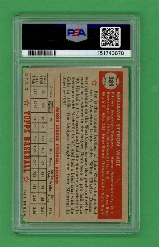 1952 Topps #389 Ben Wade *PSA FR 1.5* Brooklyn Dodgers High Number baseball card view 2