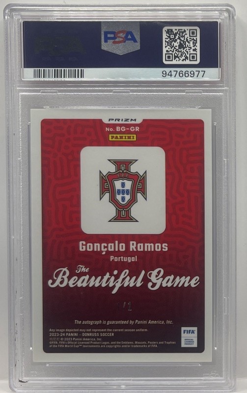 2023-24 Donruss #BG-GR Goncalo Ramos The Beautiful Game Auto Black 1/1 PSA 9 SSP view 2