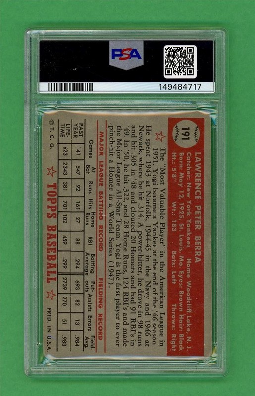 1952 Topps #191 Yogi Berra ** CENTERED ** STRONG * PSA Good 2 * New York Yankees view 2