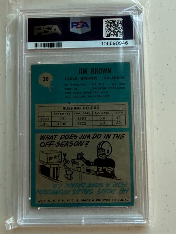 1964 Philadelphia Jim Brown Card #30. PSA 5 view 2