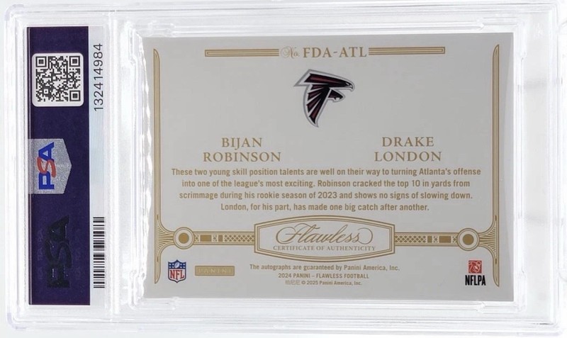 2024 Flawless Bijan Robinson & Drake London Dual Auto Sapphire /10 Falcons PSA 9 view 2