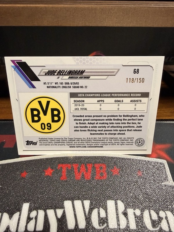 2020 Topps Chrome UCL Jude Bellingham Rookie Blue Refractor /150 BVB Dortmund view 2