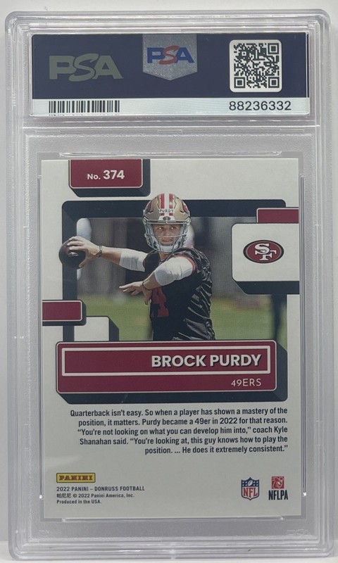 2022 Donruss #374 Brock Purdy 49ers RC Rated Rookie PSA 10 GEM MINT view 2