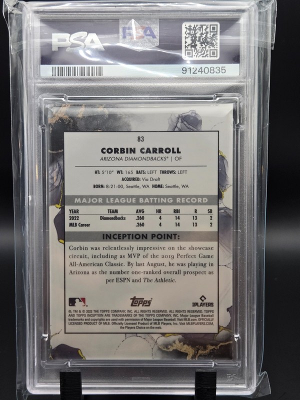 Corbin Carroll 2023 Topps Inception #83 PSA 10 GEM MINT Diamondbacks Rookie RC view 2