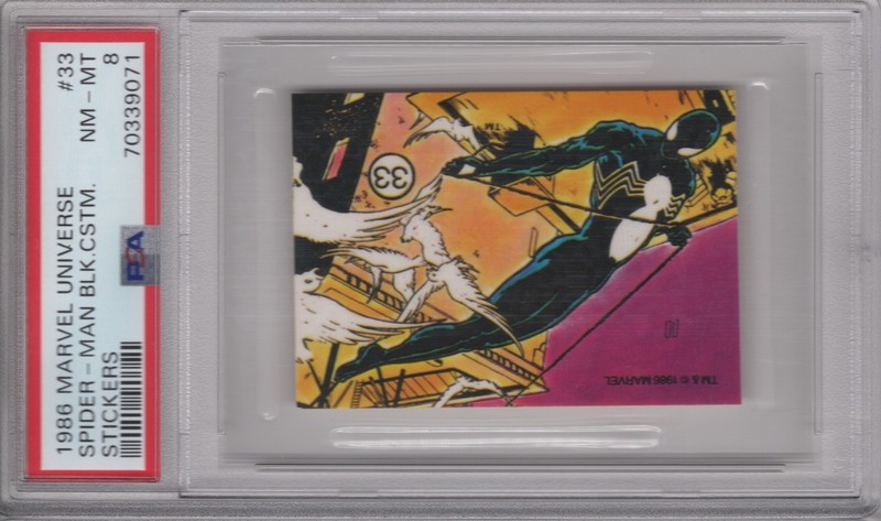 Spider-Man Black Costume 1986 Marvel Universe PSA 8 NM-MT Graded Sticker Card 33