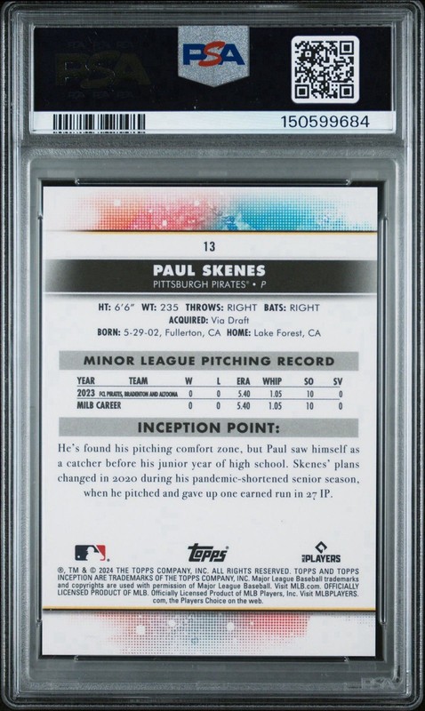 2024 Topps Inception - Paul Skenes #13 Green PSA 9 (RC) view 2