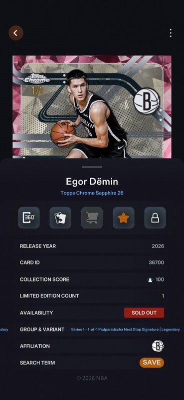 DIGITAL Egor Demin 1/1 Padparadscha Next Stop Sig RC Auto Legendary NBA Collect  view 2