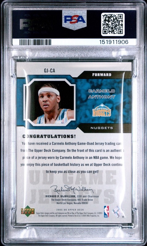 2005 Upper Deck Game Patches Carmelo Anthony PSA 9 Game Worn Patch view 2