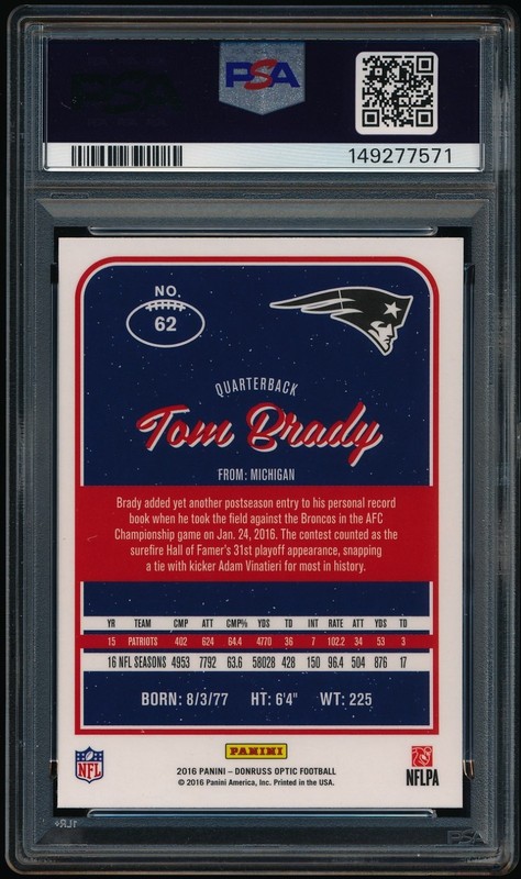 2016 Panini Donruss Optic Tom Brady #62 Silver Holo Prizm PSA 9 view 2