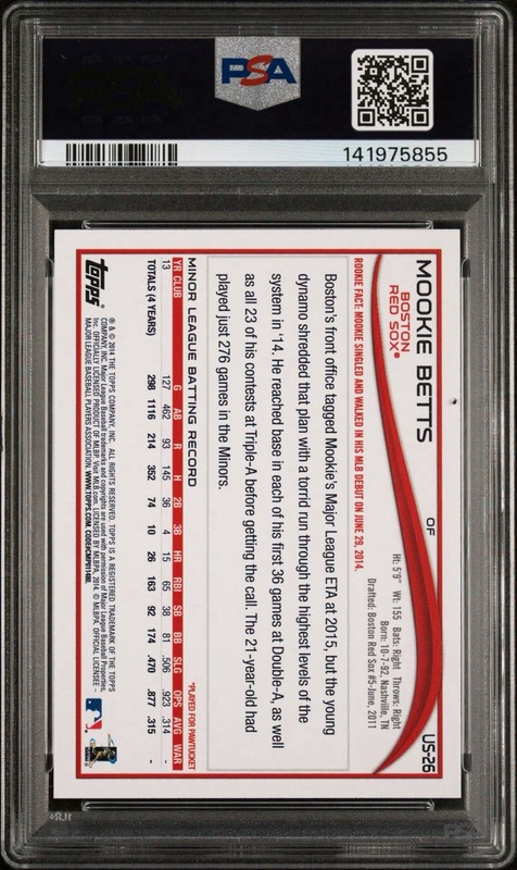 2014 Topps Update Mookie Betts Rookie SP Smiling In Dugout #US26 PSA 10 view 2