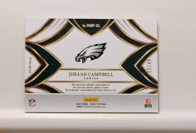 Jihaad Campbell Rookie Patch Auto #/45 Blue Prizm - 2025 Panini Select  view 2