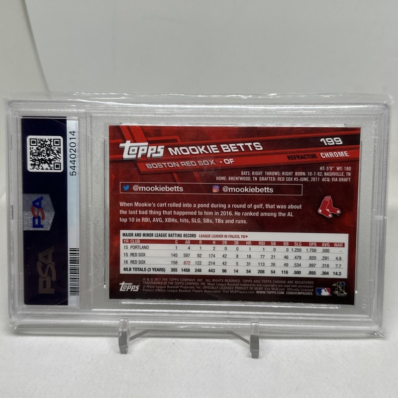 2017 Topps Chrome Mookie Betts Blue Jersey Refractor #199 PSA 10 GEM MT view 2