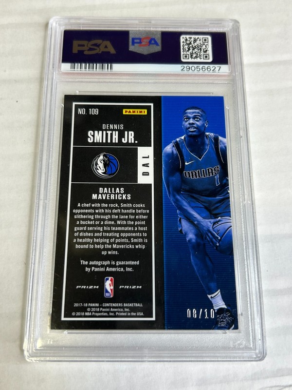 2017-18 Contenders Dennis Smith Jr 8/10 Gold Premium Rookie Auto PSA 10 E6 view 2