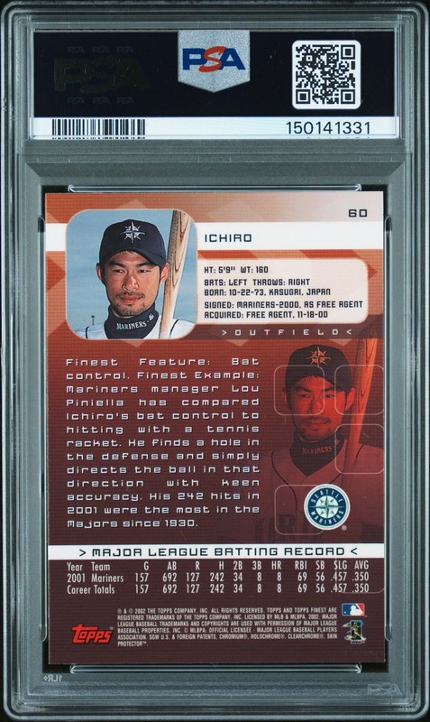 Ichiro Suzuki 2002 Finest #60 PSA 8 Seattle Mariners SK888 view 2