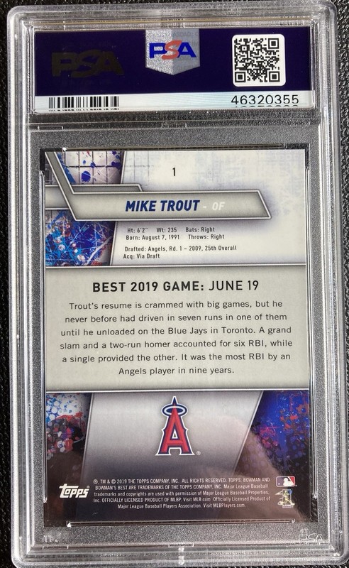 2019 bowman"s best MIKE TROUT #1 BLUE REFRACTOR /150 PSA 10 GEM MINT view 2