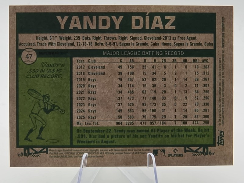 Yandy Diaz 1/1 Superfractor 2026 Topps Heritage Tampa Bay Rays Gold Vinyl SSP view 2