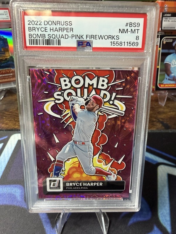 2022 PANINI DONRUSS BOMB SQUAD #BS9 BRYCE HARPER BOMB SQUAD-PINK FIREWORKS PSA 8
