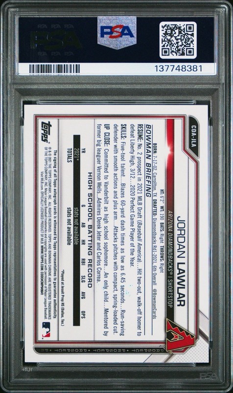 2021 Bowman Draft Chrome Jordan Lawlar 1st Bowman Auto PSA 10 GEM MINT #CDAJLA view 2