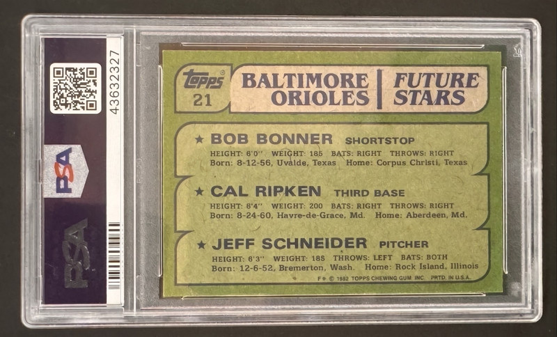1982 Topps #21 Cal Ripken Jr RC Rookie HOF Orioles Future Stars PSA 10 Gem Mint view 2