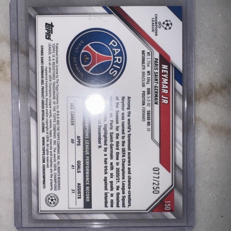 NEYMAR JR 2021-22 Topps UEFA Champions League PSG #150 Yellow Foil 77/250 view 2